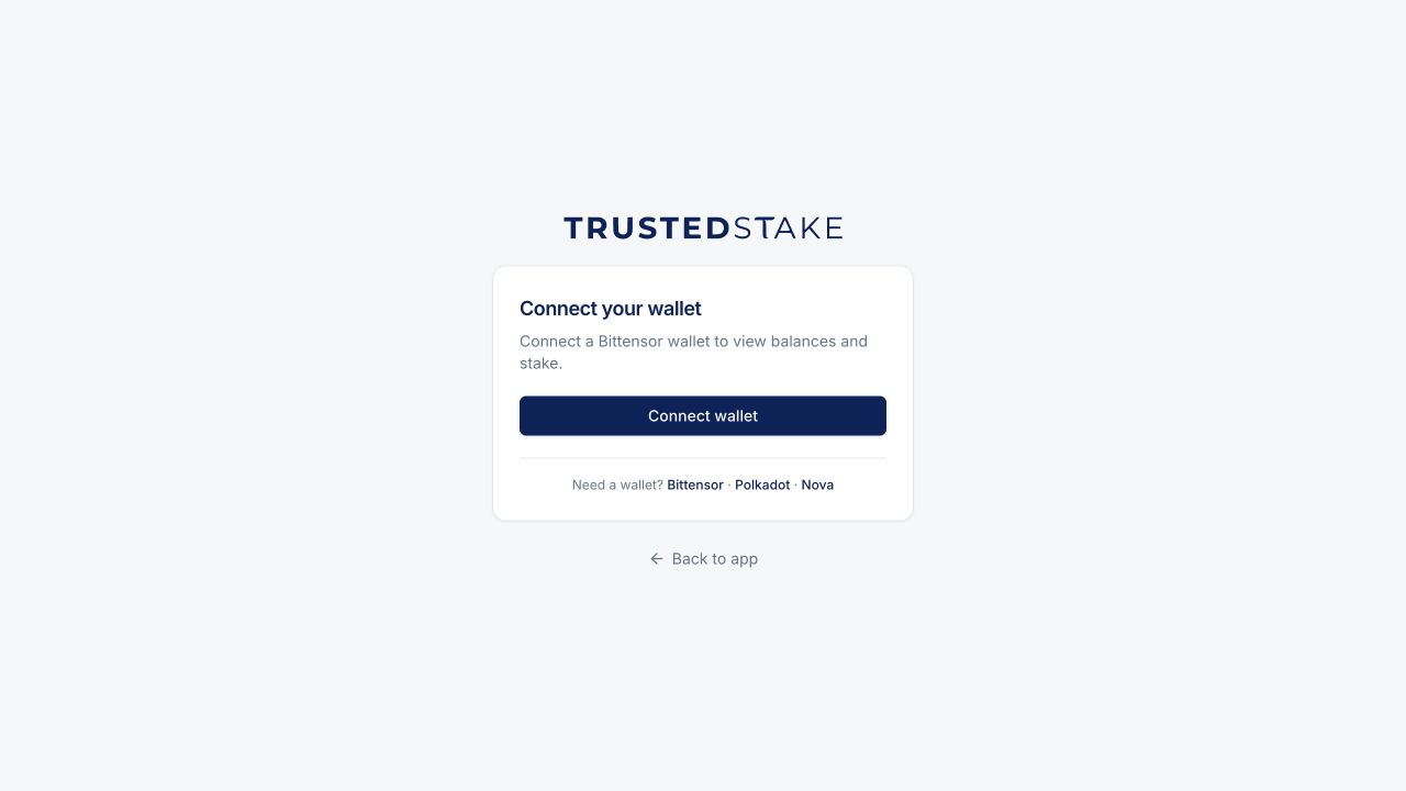 The TrustedStake manager entry screen with a Connect wallet button and supported wallet links.